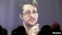 Edward Snowden speaks via video link during a conference at the University of Buenos Aires Law School in November.