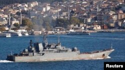 The Russian landing ship Novocherkassk crosses the Bosphorus on its way to the Mediterranean Sea.