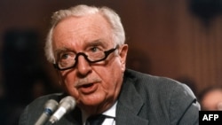 Former CBS anchor Walter Cronkite testifies in 1991 before the U.S. Senate concerning Pentagon rules on media access to the Persian Gulf War. 