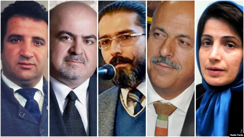 Five Iranian lawyers who are under judicial pressure in Iran; (LTR) Mohammad Najafi, Arash Keykhosravi, Amirsalar Davoudi, Ghasem Sholeh Sadi, and Nasrin Sotoodeh.