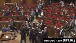 Armenia -- Pro-government and opposition deputies brawl on the parliament floor, Yerevan, May 8, 2020.