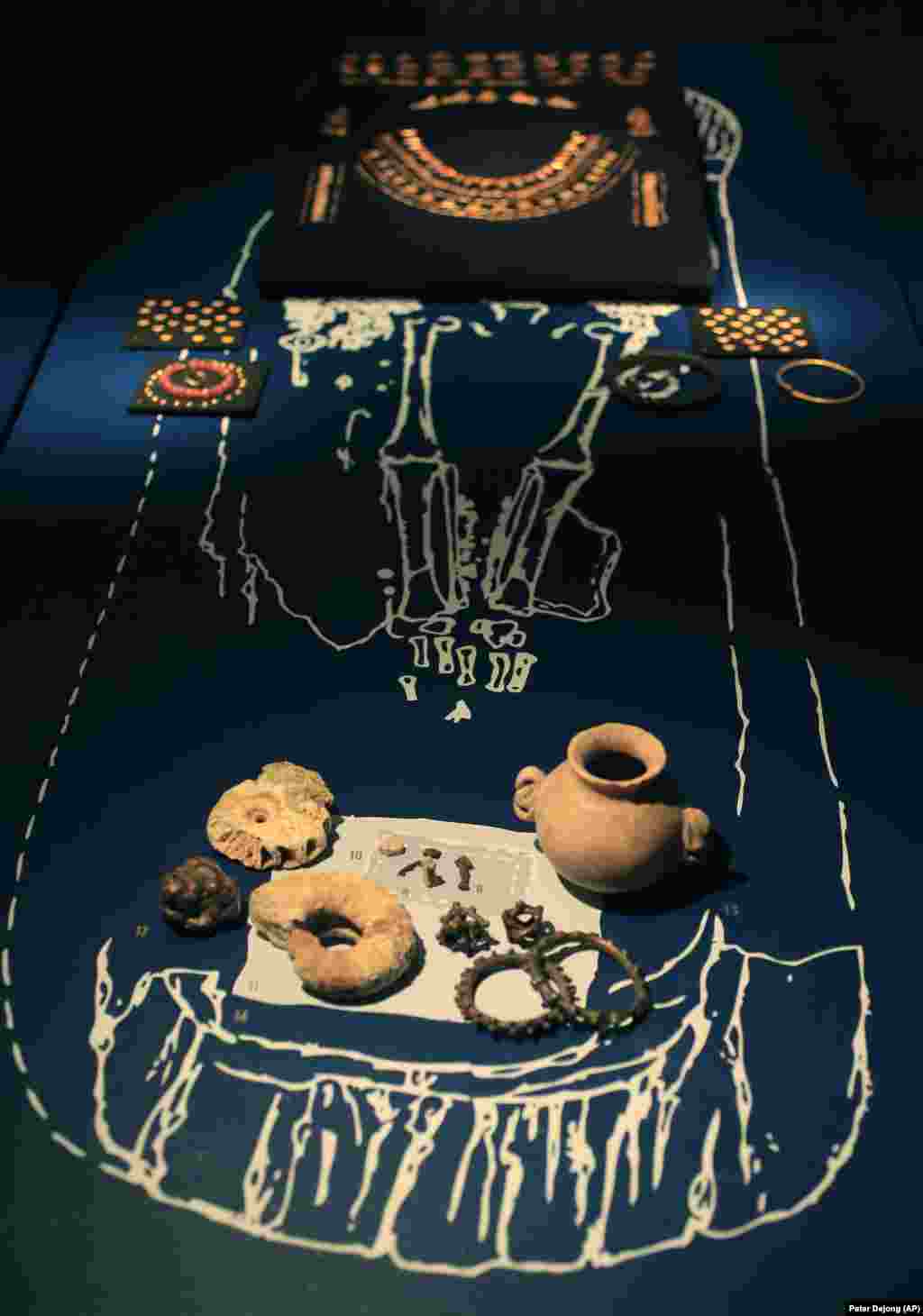 A grave inventory of a Late-Scythian elite woman from the first century A.D., is displayed as part of the exhibit at Allard Pierson historical museum in Amsterdam Friday April 4, 2014.&nbsp;The museum has gotten more than the bronze swords, golden helmets and precious gems it bargained for as it is unsure where to return the collection after Russia annexed Crimea.&nbsp;