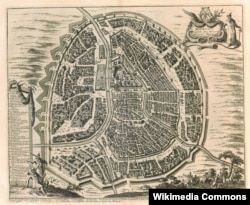 План Москви, столиці Московії (Moscou: Capitale de la Moscovie suivant Olearius), німецького мандрівника Адама Олеарія (1599-1671)
