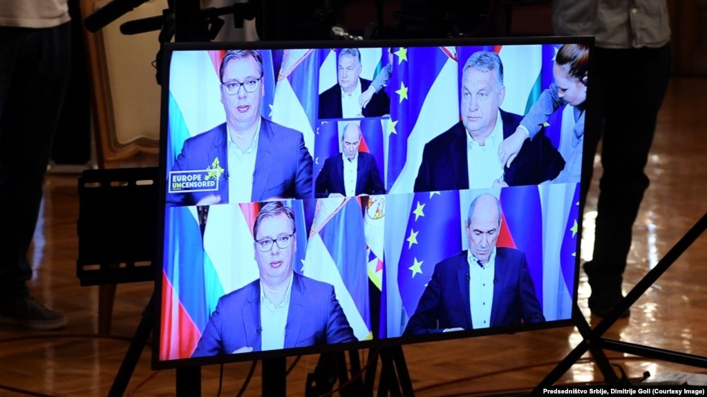 Predsednik Srbije Aleksandar Vučić, mađarski premijer Viktor Orban i njegov slovenački kolega Janez Janša, učestvuju na webinaru "Evropa bez cenzure" (8. jul 2020.)