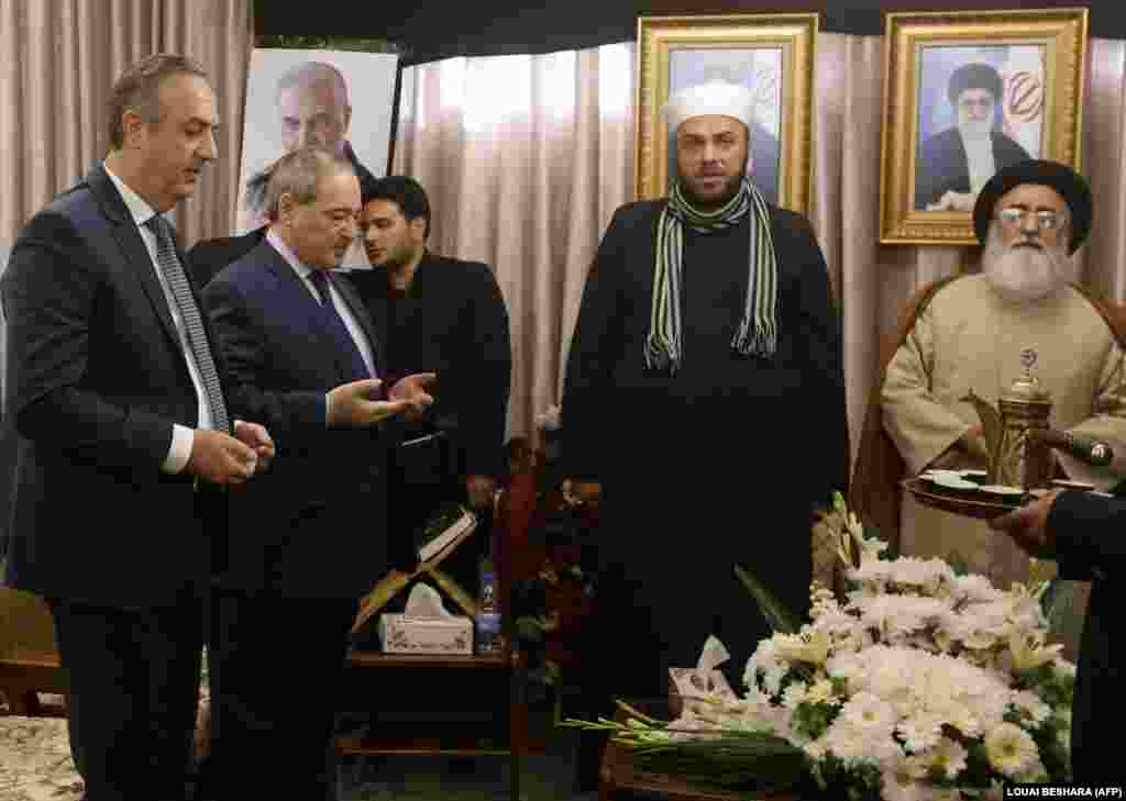Syrian Deputy Foreign Minister Faisal Miqdad (second left) attended a&nbsp;memorial service for Soleimani in the Syrian capital, Damascus. Iran&#39;s Quds Force had shored up support for Syrian President Bashir al-Assad when he looked close to defeat.
