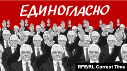 Політична карикатура щодо голосування 29 липня 2015 року на засіданні Ради безпеки ООН представника Росії Віталія Чуркіна. Одним його голосом «проти» було заблоковано резолюцію про створення міжнародного трибуналу щодо «Боїнга», збитого на Донбасі