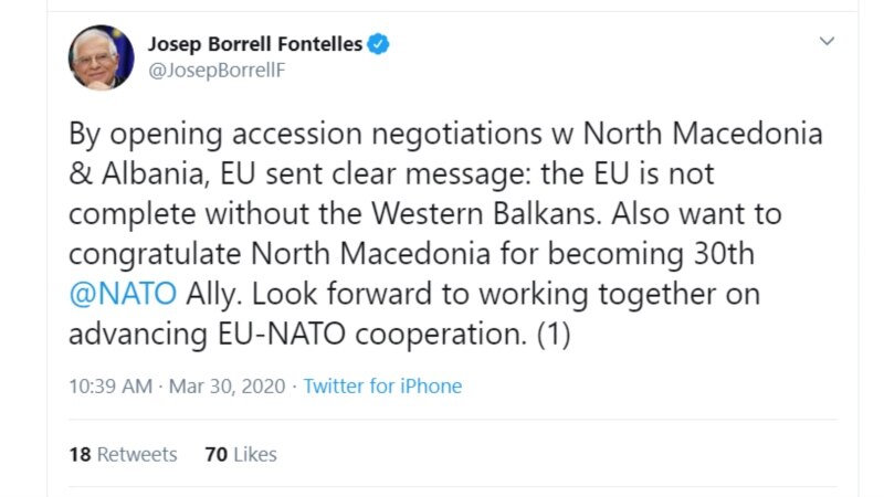 Борел: ЕУ не е комплетна без Западен Балкан, честитки за С. Македонија за НАТО членството