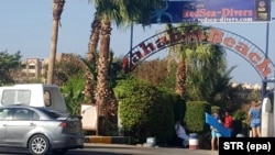 The entrance of one of two beach resorts where a stabbing attack occured according to a local witness, in Hurghada.