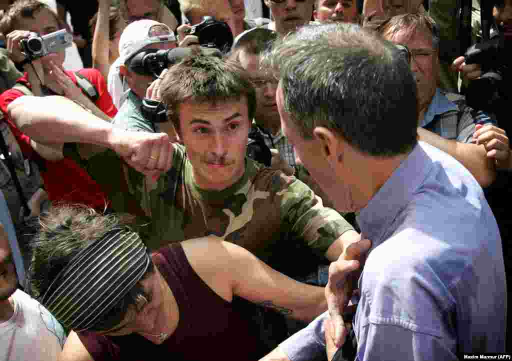 British rights activist Peter Tatchell in Moscow a moment away from being cracked in his right eye in 2007. Requests to hold gay-pride marches in the city in 2006 and 2007 were rejected by the authorities. When activists went ahead, they were attacked.&nbsp;