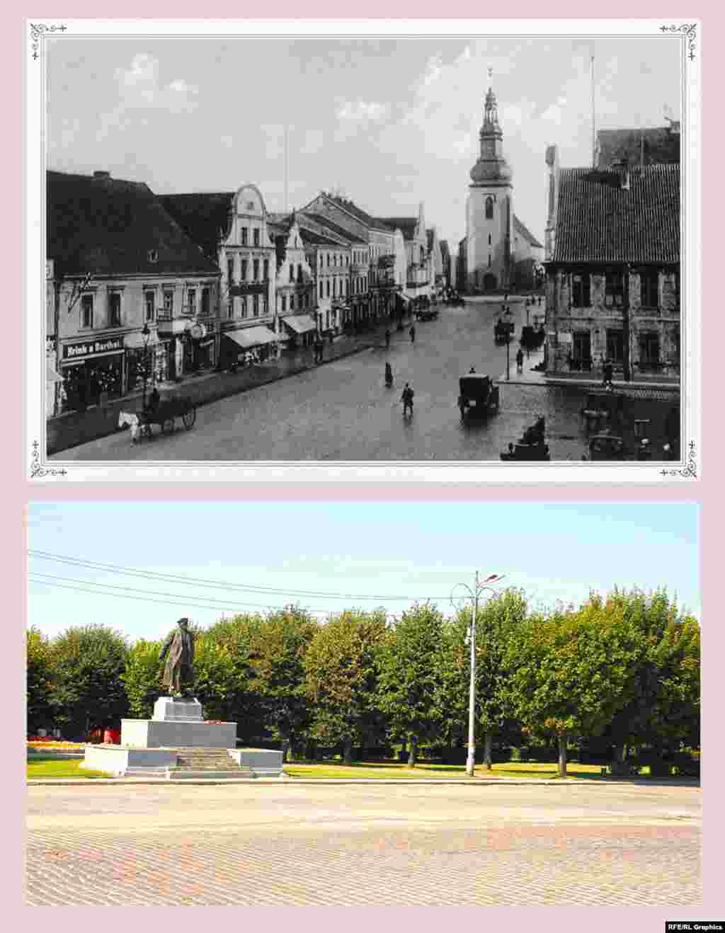 Черняховск (ранее – Инстербург), площадь Ленина (ранее – Альтермаркт) Война забрала у Черняховска центральную площадь, Старый рынок. Если весь остальной город был застроен в основном в эпоху Второго Рейха, то здесь сложился ансамбль XVII-XVIII веков с кирхой Лютера (1612-46), бюргерскими домами и Старой ратушей. Лютерова кирха сгорела во время Второй мировой войны, затем использовалась как склад и в 1976 году была снесена. Единственное, что о ней напоминает сейчас, – прилегавшие ворота в городской парк, возведенные в 20-е годы XX века. Памятник Ленину стоит на месте разрушенных домов. Троллейбуса, который ходил в городе между двух мировых войн и имел остановку на Старом рынке, больше не существует. Зато теперь здесь во множестве стоят такси (левее за кадром), водители скучают 
