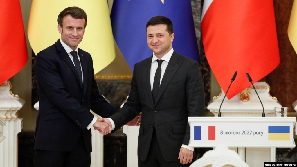 French President Emmanuel Macron (left) visited Kyiv for talk with President Volodymyr Zelenskiy on February 8.