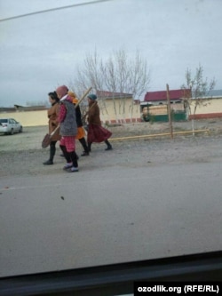 Работники бюджетных организаций в Каттакурганском районе Самаркандской области занимаются уборкой улиц к приезду президента Шавката Мирзияева.
