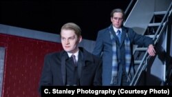 Christopher Geary (left) plays Vladimir Putin and Max Woertendyke is Mikhail Khodorkovsky in January at Arena Stage at the Mead Center for American Theater.
