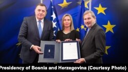 Milorad Dodik, Federika Mogerini i Johanes Han, Brisel, 4. mart 2019.