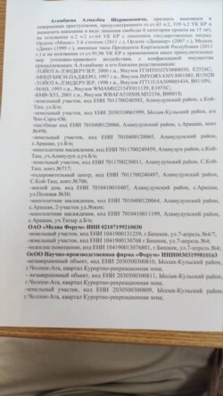 Список имущества Алмазбека Атамбаева и его близких.