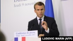 French President Emmanuel Macron speaks in Dubai on November 9.