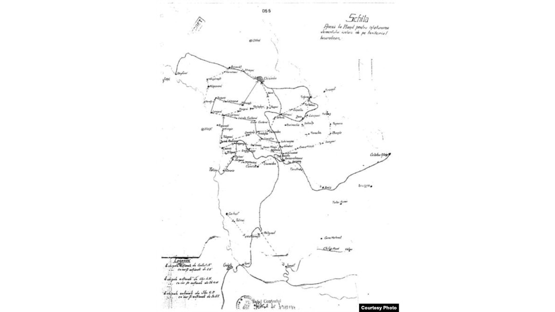 This 1941 map, titled "Annex to the plan for removal of Judaic elements from the territory of Bessarabia," shows villages with Jewish populations that were to be targeted by armed civilian teams. (Photo: U.S. Holocaust Memorial Museum, from the archives of the general staff of the Romanian army)