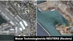 A combination of satellite images shows the port of Beirut on June 9, 2020 and on August 5, 2020, after an explosion