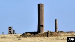 Equipment housings at the nuclear explosion site P-1, in Semey, formerly Semipalatinsk, stand as a testimony to the area's nuclear history.
