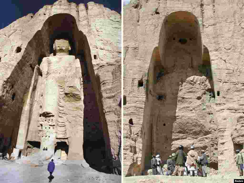 Afghanistan -- A combo photo of the 55-metre-high Buddha statue in Bamiyan, in December 18, 1997 (L) and and after its destruction on March 26, 2001