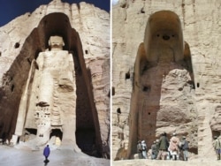 A combination photo of a 55-metre-high Buddha statue in Bamiyan. The image on the right was taken after the monument was destroyed by the Taliban in 2001.