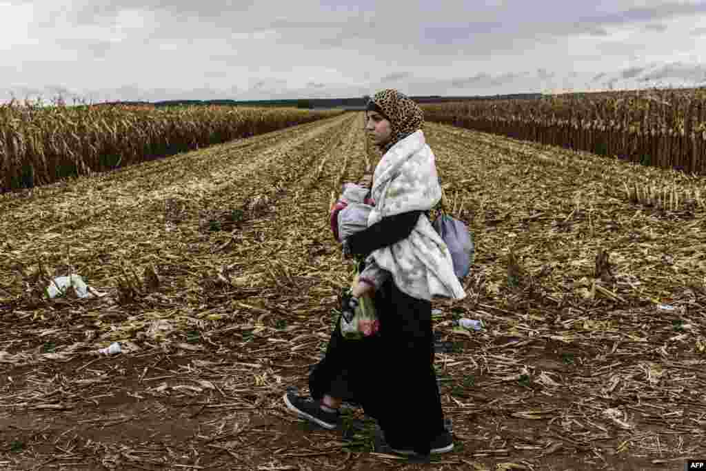 A migrant woman carries her child on a dirt road toward the Serbia-Croatia border, near the western Serbia town of Sid. Hungary on September 20 reopened its main border crossing with Serbia, whose closure led thousands of migrants to surge into Croatia and resulted in the shunting of the desperate flood of humanity from one country to another. (AFP/Armend Nimani)