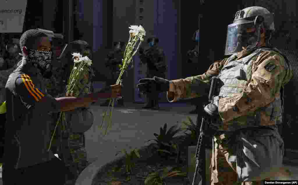 Протестувальник протягує квіти бійцю Національної гвардії, який стоїть поблизу офісу окружного прокурора в місті Лос-Анджелесі. 3 червня 2020 року&nbsp;(Фото AP/Damian Dovarganes)