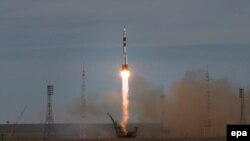 Запуск ракеты-носителя «Союз» с космодрома Байконур в Кызылординской области Казахстана.