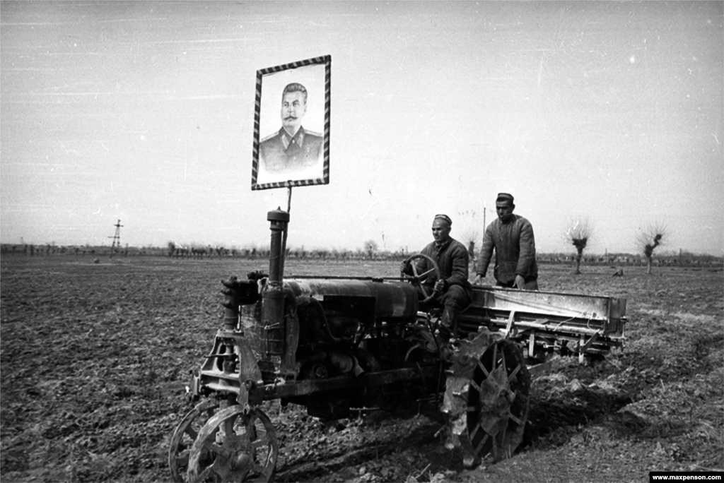 A portrait of Stalin oversees work on a collective farm. In 1948, as Stalin&#39;s anti-Jewish purges intensified, Penson was fired from Pravda Vostoka.