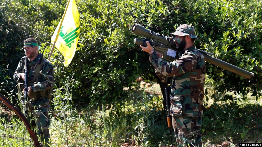 A Hezbollah fighter holds an Iranian-made anti-aircraft missile on the border with Israel, in Naqoura, April 20, 2017
