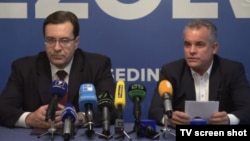 Marian Lupu și Vladimir Plahotniuc la o conferință de presă din 2016.