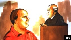 A courtroom drawing shows accused terrorist conspirator David Coleman Headley as he appears before U.S. district Judge Harry D. Leinenweber in federal court for Headley's arraignment in Chicago in 2009.