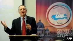 Jared Taylor speaks during the International Russian Conservative Forum in St. Petersburg on March 22.