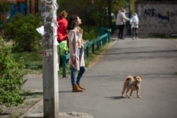 Дівчина, яка вигулює песика, підставляє обличчя весняному сонцю