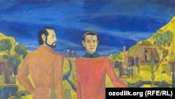 Uzbekistan - photo named Writer A.Oripov and painter B.Babayev drawn by Uzbek artist Shuhrat Abdurashidov, 1973