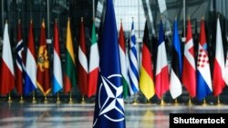 Steaguri NATO la sediul din Bruxelles al Alianței 