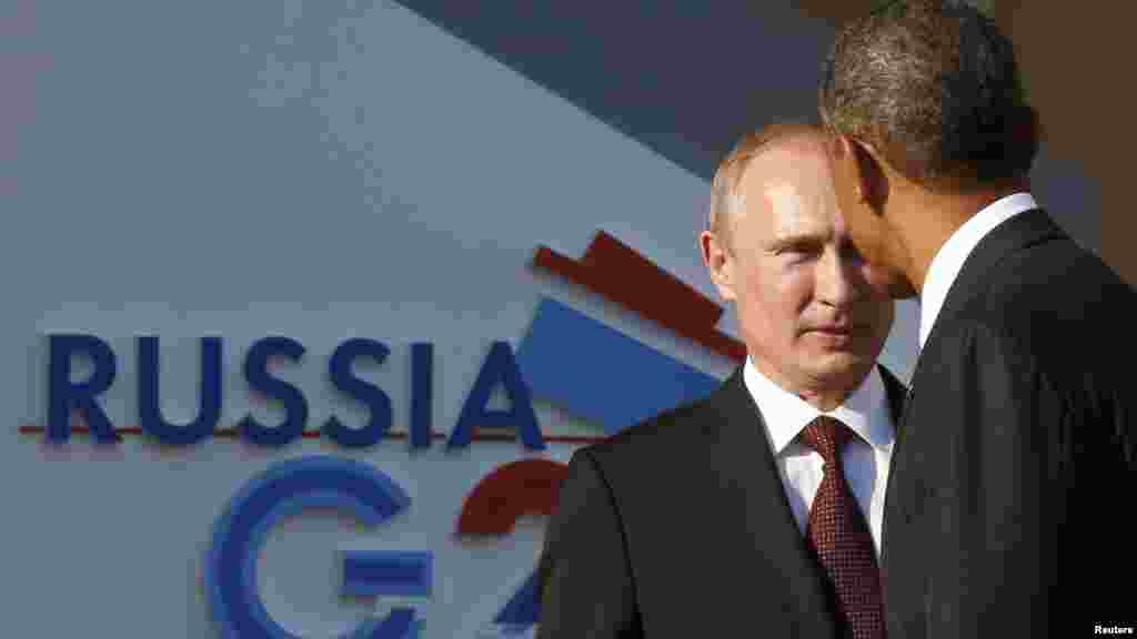 Ruski i američki predsjednici, Vladimir Putin (L) i Barack Obama uoči prvog radnog sastanka, St. Petersburg, 5. septembar 2013. Foto: REUTERS / Grigory Dukor