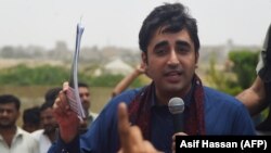 Pakistan Peoples Party chairman Bilawal Bhutto Zardari addresses supporters at the start of his election campaign on the outskirts of Karachi on July 2