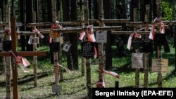 Wooden crosses with Polish national flags fill the Polish military cemetery in Mednoye, in Russia's Tver region north of Moscow.
