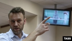 Алексей Навальный и его брат Олег Навальный (по видеосвязи) на одном из заседаний по "делу "Ив Роше"