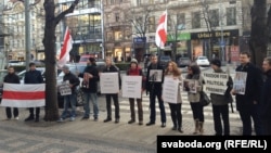 Belarusians protest outside the Skoda offices in downtown Prague.