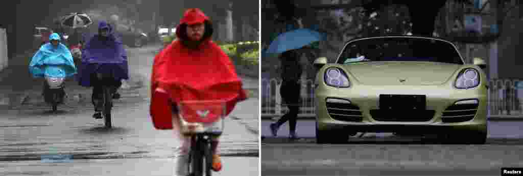People in rain gear ride bicycles and motorbikes. On the right, a Porsche in the parking lot of a shopping mall in Beijing. China has become a crucial market for makers of luxury cars, and is set to overtake the United States as the world leader in this business segment.
