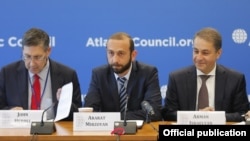 U.S. -- Armenian parliament speaker Ararat Mirzoyan (C) speaks at the Atlantic Council in Washington, July 15, 2019.