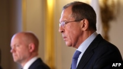 Russian Foreign Minister Sergei Lavrov speaks during a joint press conference with British Foreign Secretary William Hague at the Foreign and Commonwealth Office in London on March 13.