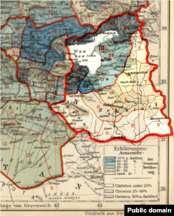 An 1896 map shows the proportion of the Armenian population in the area of Lake Van, where anti-Armenian pogroms took place in early 1915.