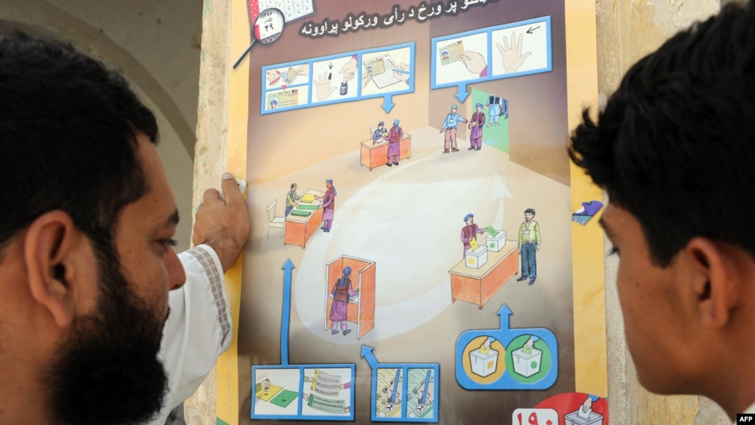 Afghan men look at a poster showing how to cast their votes in Kandahar 
