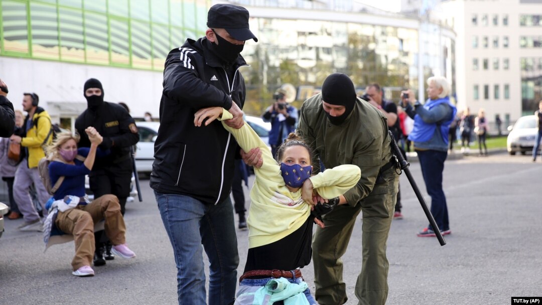 A photo of Belarusian security officers arresting a protester in Minsk that was taken by TUT.by, which was one of several online media outlets blocked by the authorities this year. 