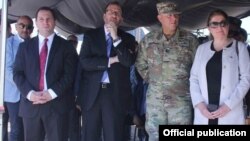 Armenia - Emergency Situations Minister Davit Tonoyan (L), U.S. Ambassador Richard Mills (second from left), U.S. General Lee Tafanelli and British Ambassador Judith Farnworth watch a U.S.-British-Armenian exercise in Lusakert, 28Jul2017.