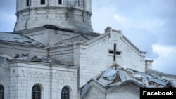 Nagorno Karabakh - The Ghazanchetsots Cathedral in Shushi damaged by shelling,October 8, 2020