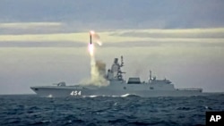 A Zircon hypersonic cruise missile is launched by the frigate Admiral Gorshkov of the Russian Navy from the Barents Sea in May. 